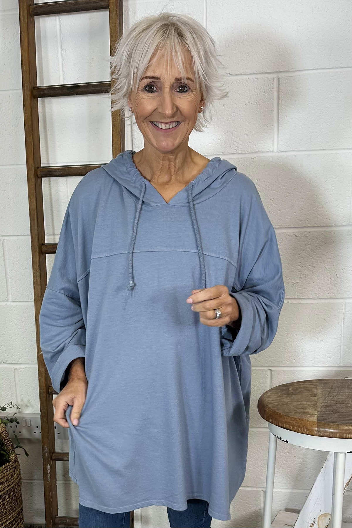 Isla Hooded Cotton Top Blue Grey