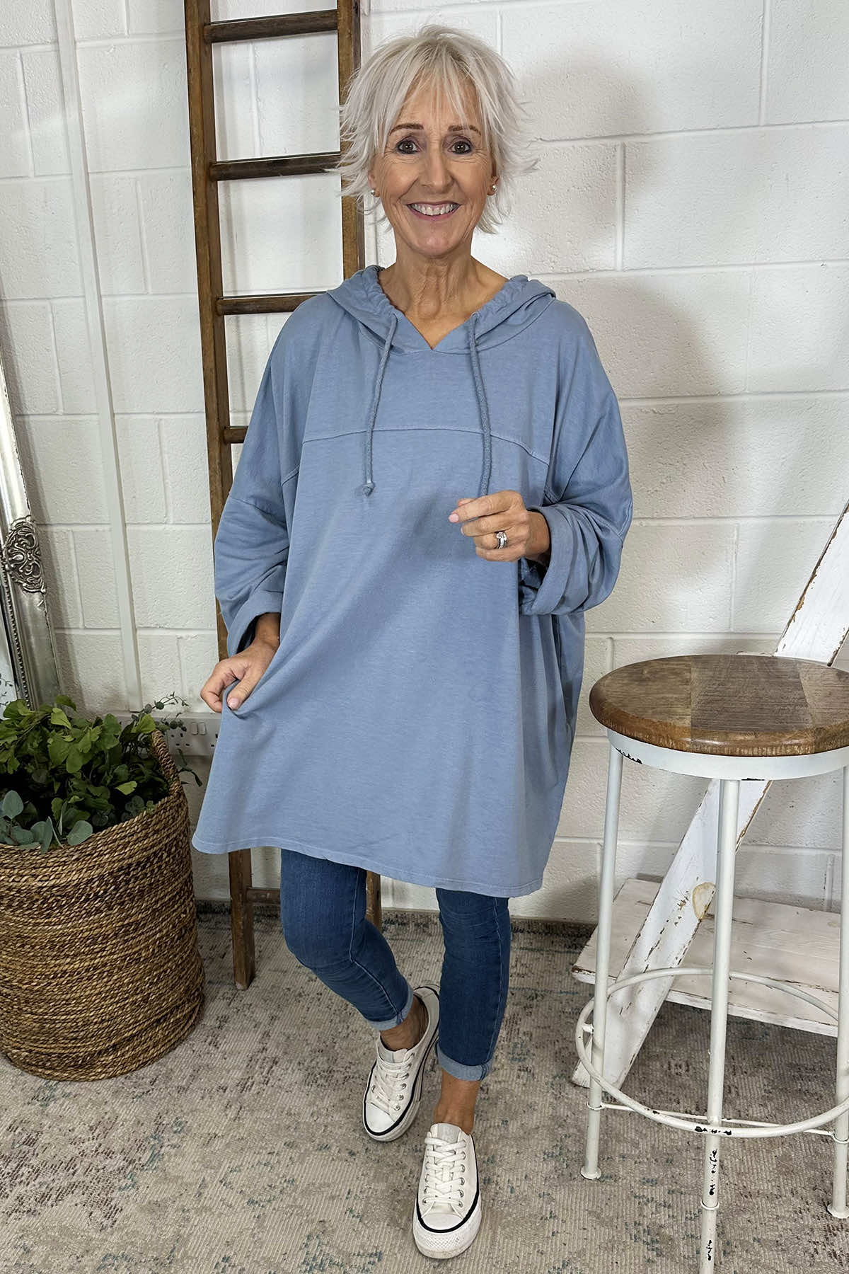 Isla Hooded Cotton Top Blue Grey