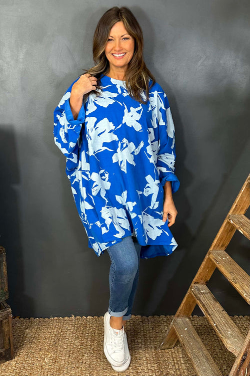 Connie Floral Print Cord Oversized Top Cobalt