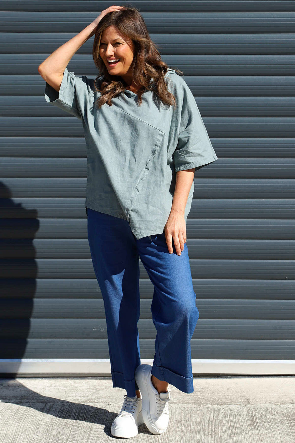 Annalee Hooded Linen Top Sage Green