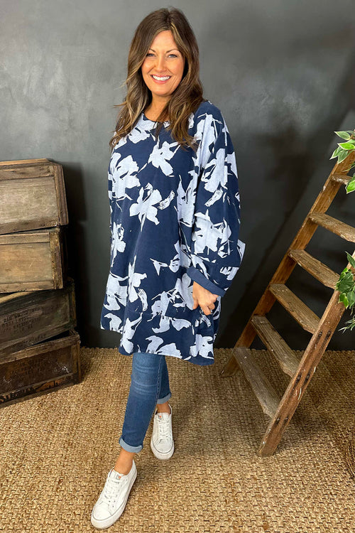 Connie Floral Print Cord Oversized Top Navy