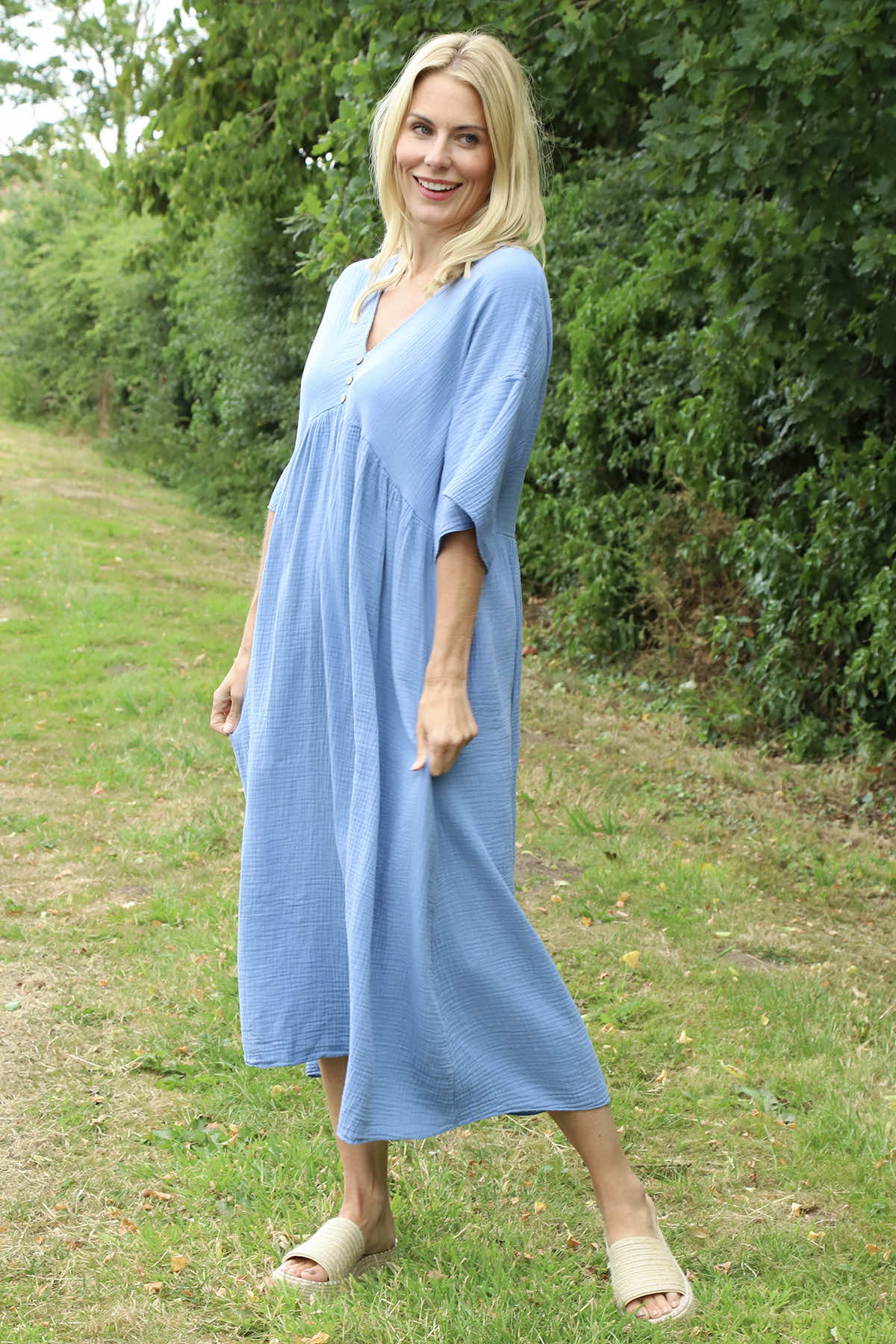 Alessandra Crinkle Cotton Dress Blue