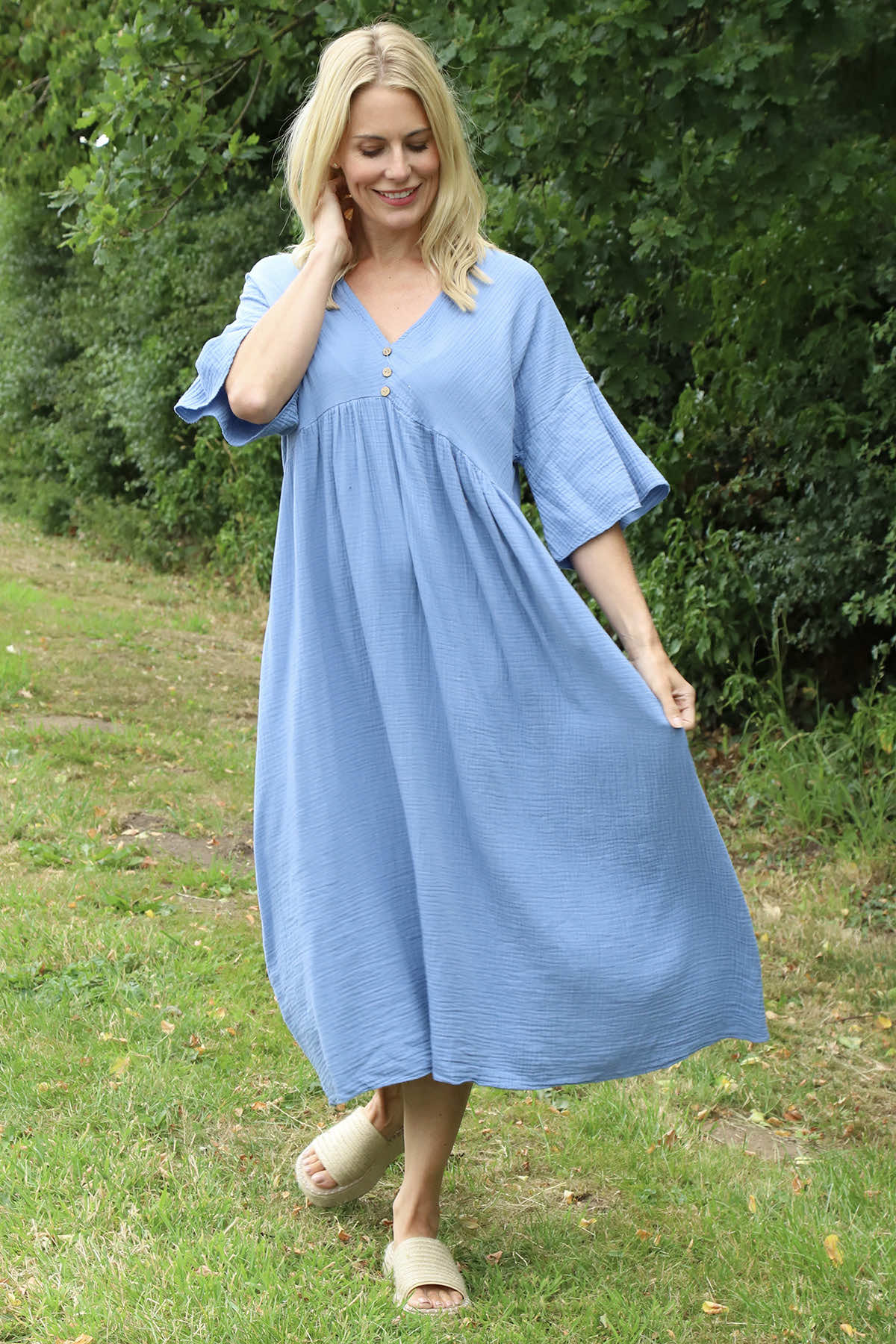 Alessandra Crinkle Cotton Dress Blue