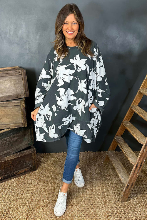 Connie Floral Print Cord Oversized Top Charcoal