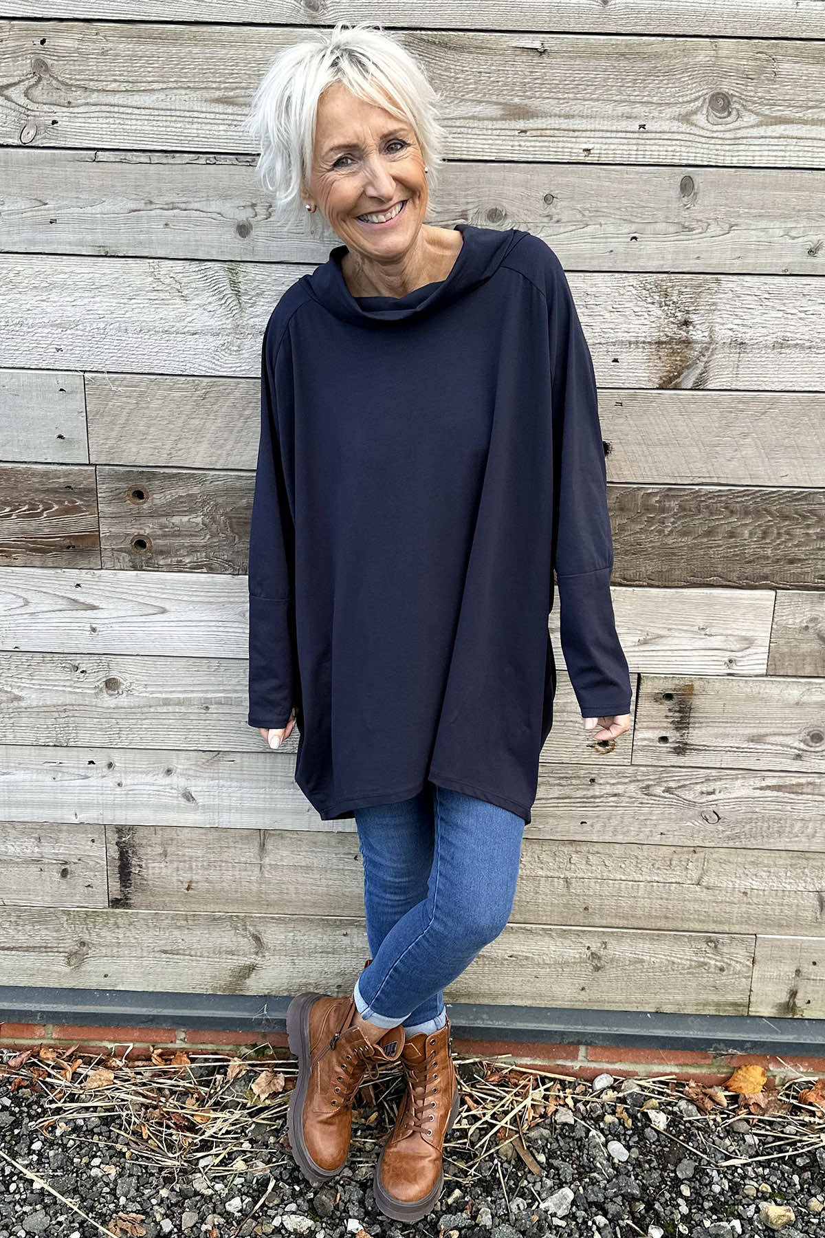 Catalina Cowl Neck Cotton Top Navy