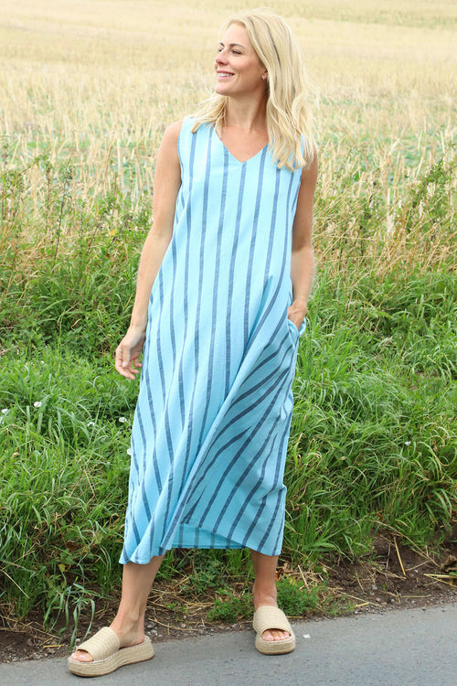 Michaela Linen Sleeveless Stripe Dress Light Blue