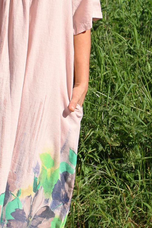 Whitstable V Neck Print Linen Dress Pink - Image 3