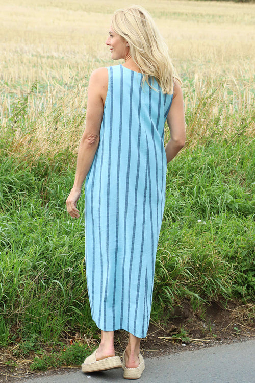 Michaela Linen Sleeveless Stripe Dress Light Blue - Image 4