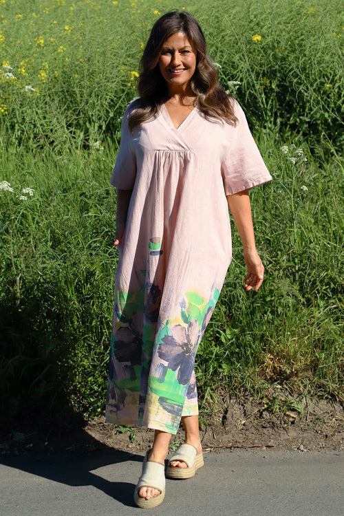 Whitstable V Neck Print Linen Dress Pink - Image 2