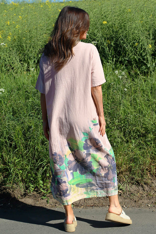 Whitstable V Neck Print Linen Dress Pink - Image 4