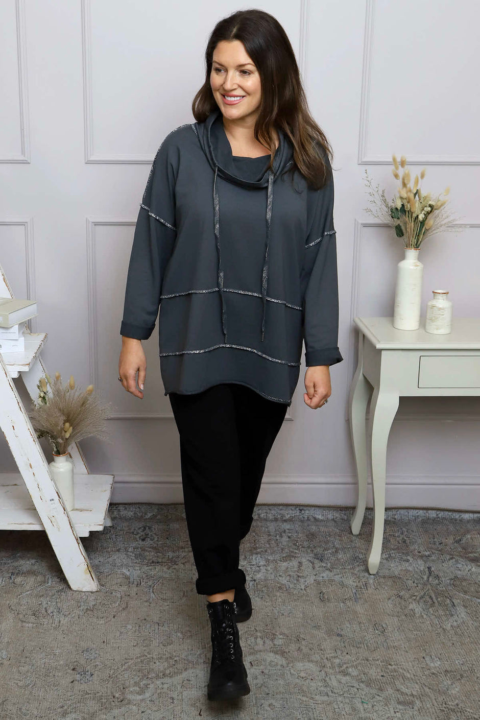 Clarina Cowl Neck Cotton Top Mid Grey