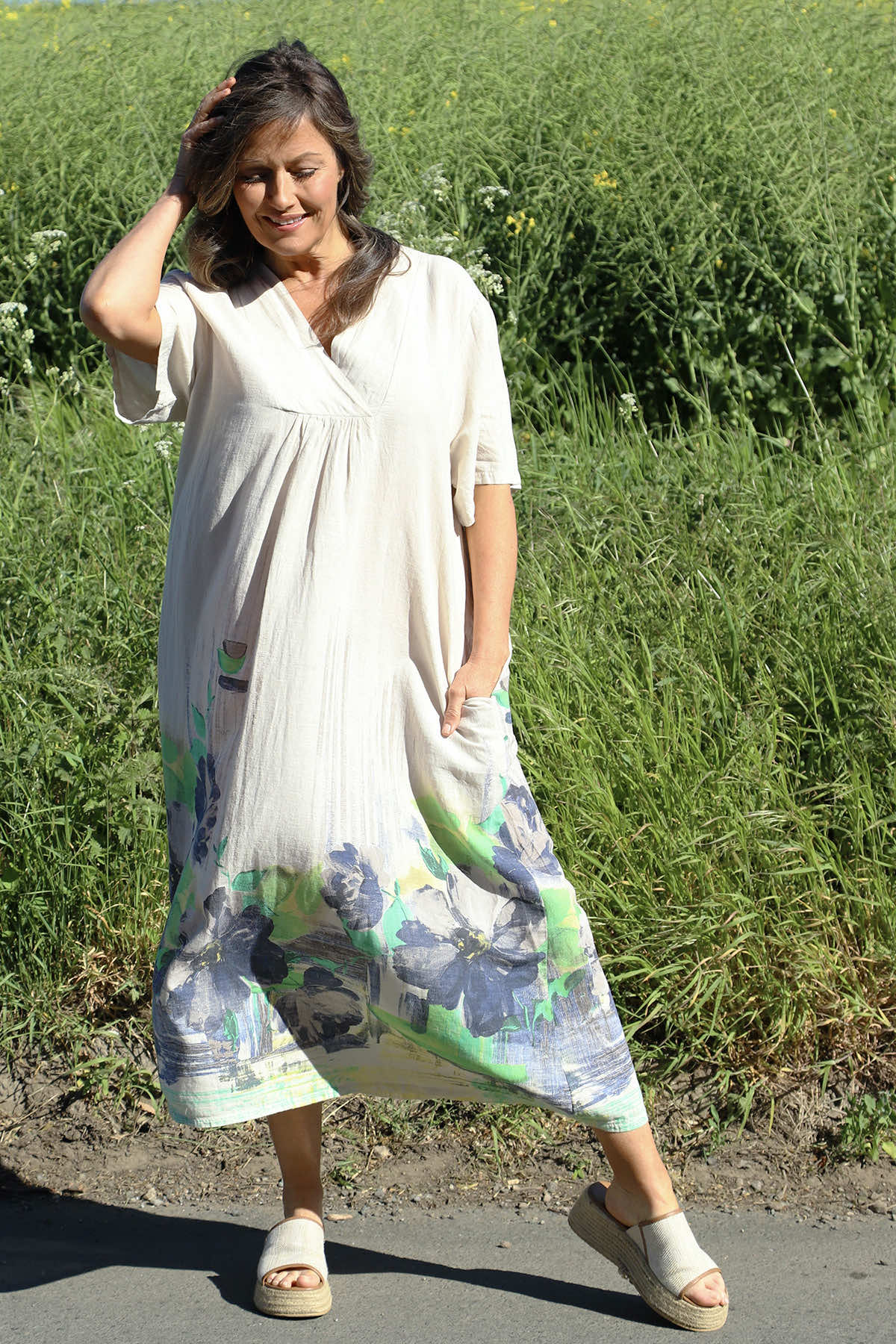 Whitstable V Neck Print Linen Dress Stone