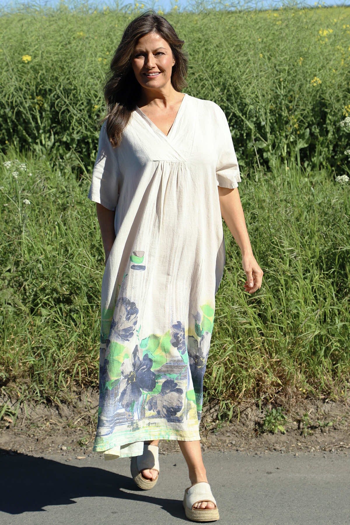 Whitstable V Neck Print Linen Dress Stone