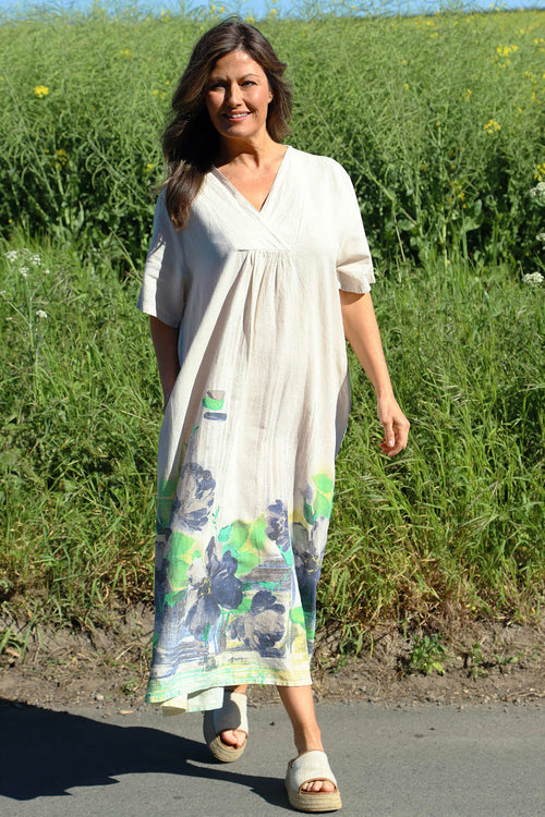 Whitstable V Neck Print Linen Dress Stone - Image 2