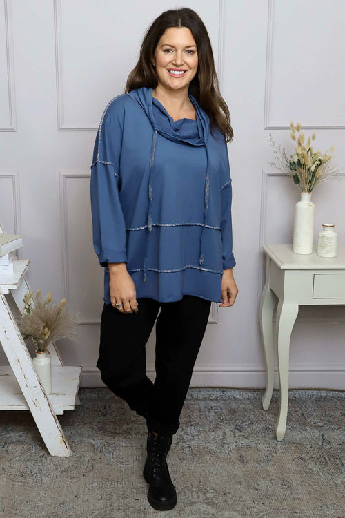 Clarina Cowl Neck Cotton Top Blue - Image 2