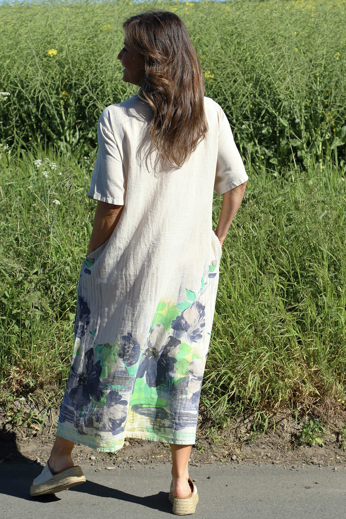 Whitstable V Neck Print Linen Dress Stone