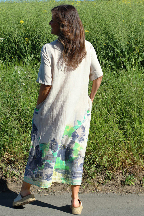 Whitstable V Neck Print Linen Dress Stone - Image 4