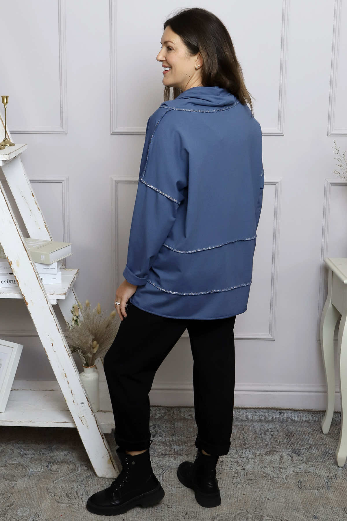 Clarina Cowl Neck Cotton Top Blue