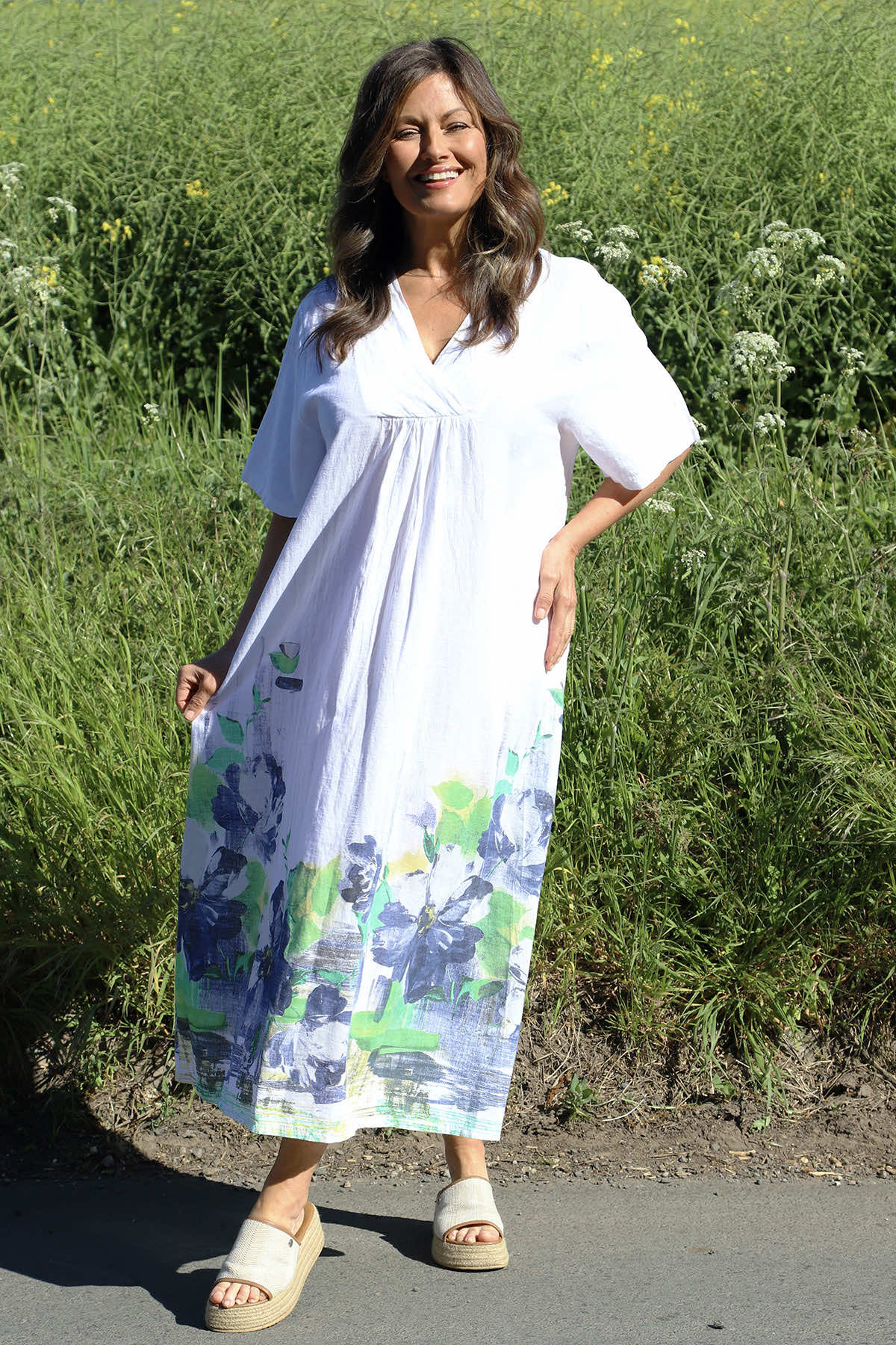 Whitstable V Neck Print Linen Dress White
