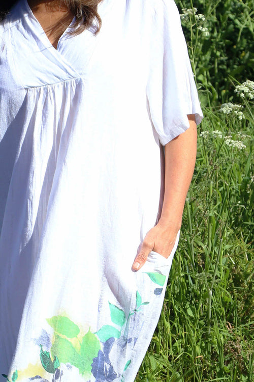 Whitstable V Neck Print Linen Dress White - Image 3