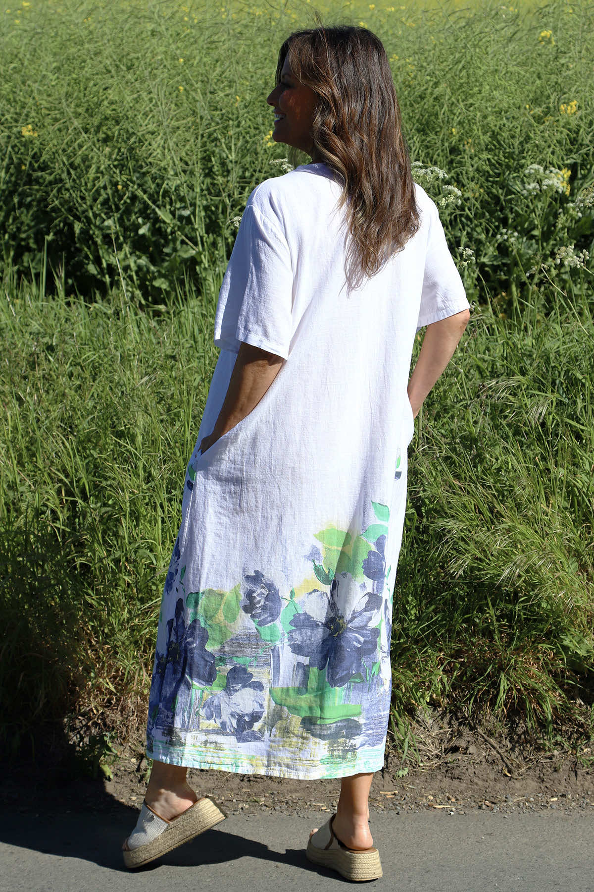 Whitstable V Neck Print Linen Dress White