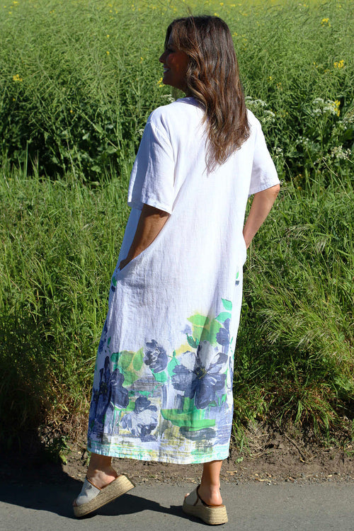 Whitstable V Neck Print Linen Dress White - Image 4