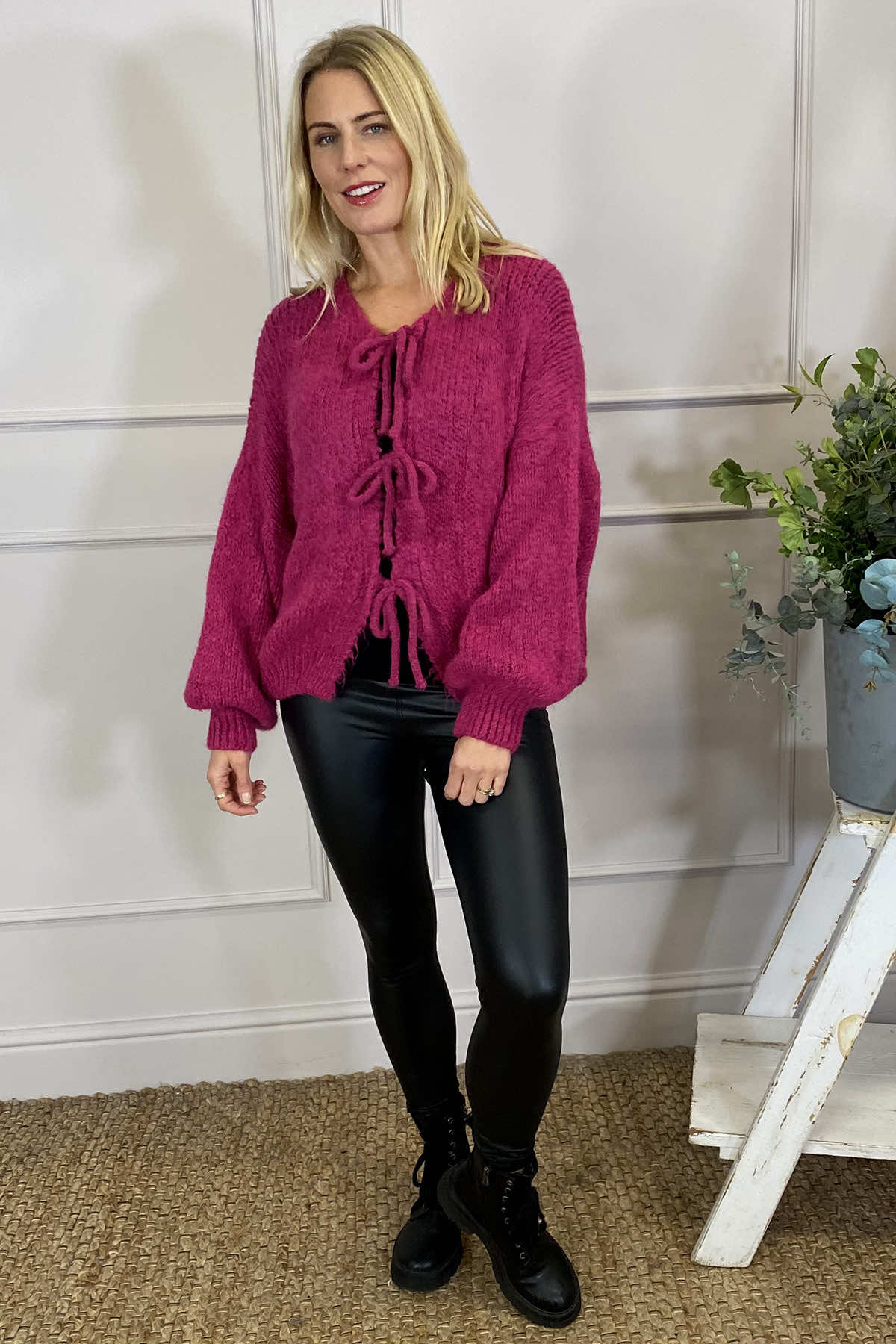 Felicity Tie Front Knitted Cardigan Berry