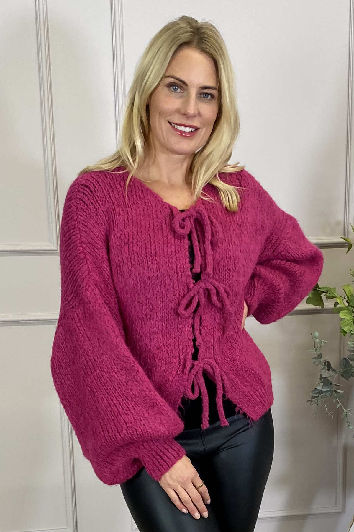 Felicity Tie Front Knitted Cardigan Berry