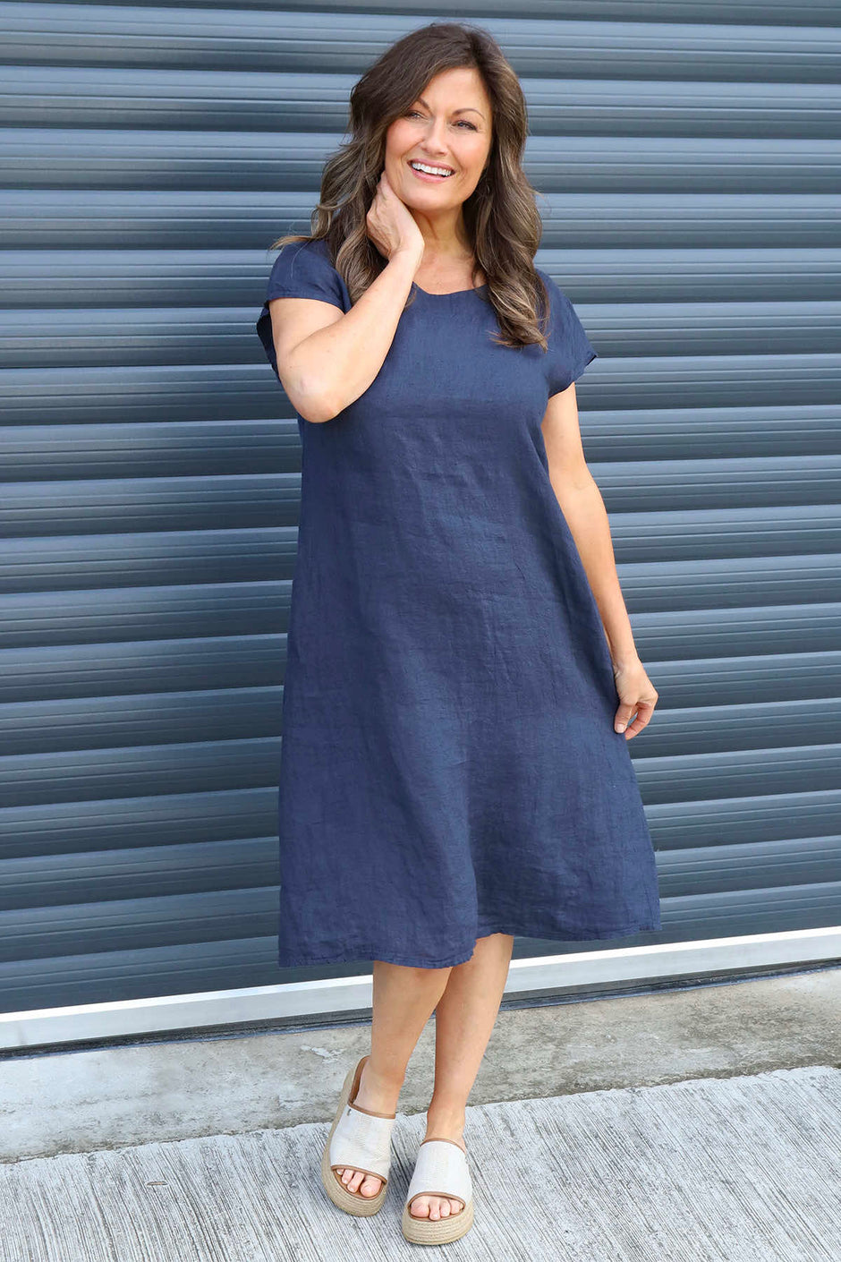 Mabel Cap Sleeve Linen Dress Navy