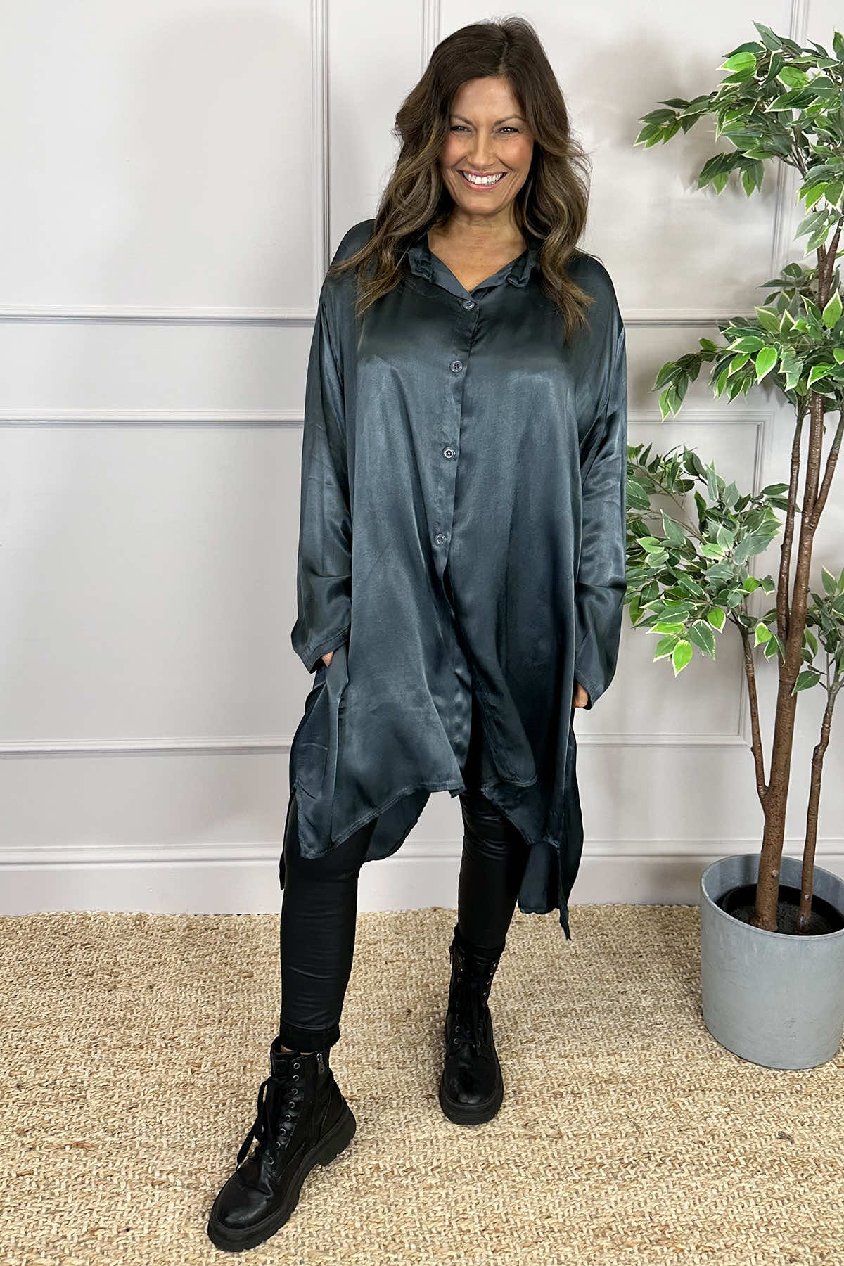 Tara Satin Shirt Charcoal