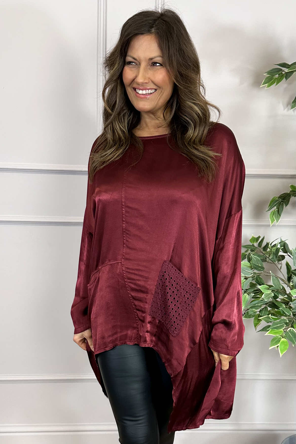 Cassidy Pocket Dip Side Satin Top Wine