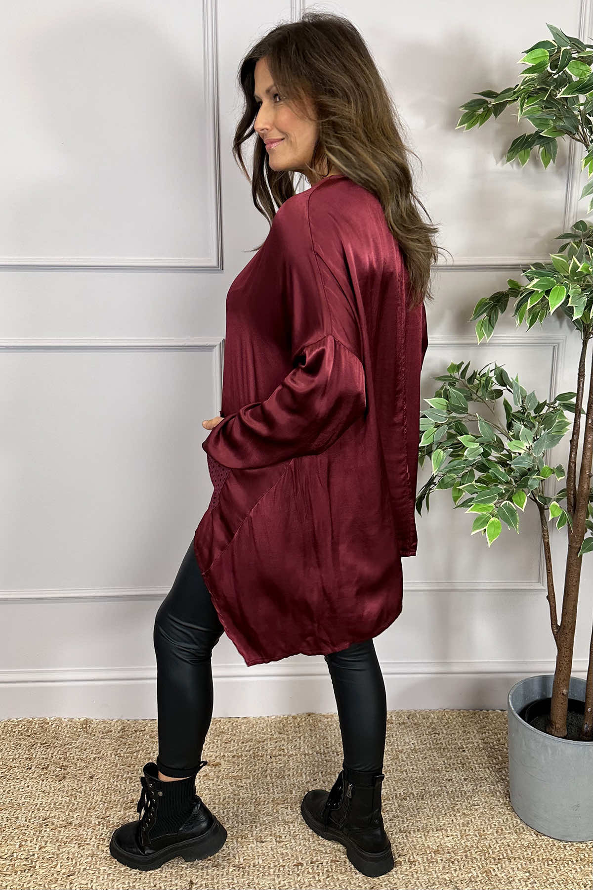 Cassidy Pocket Dip Side Satin Top Wine