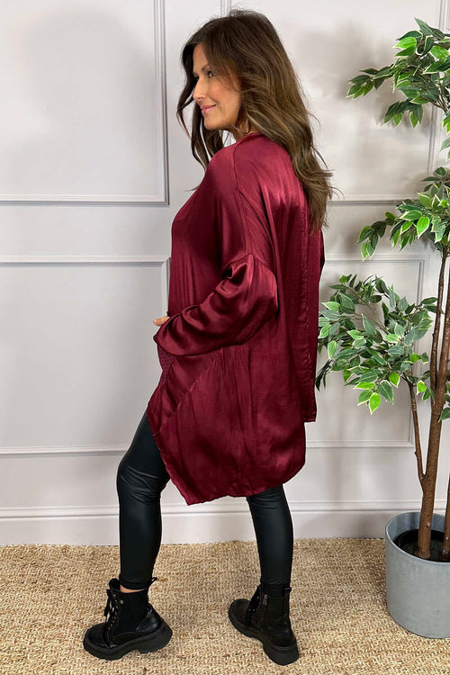 Cassidy Pocket Dip Side Satin Top Wine - Image 4