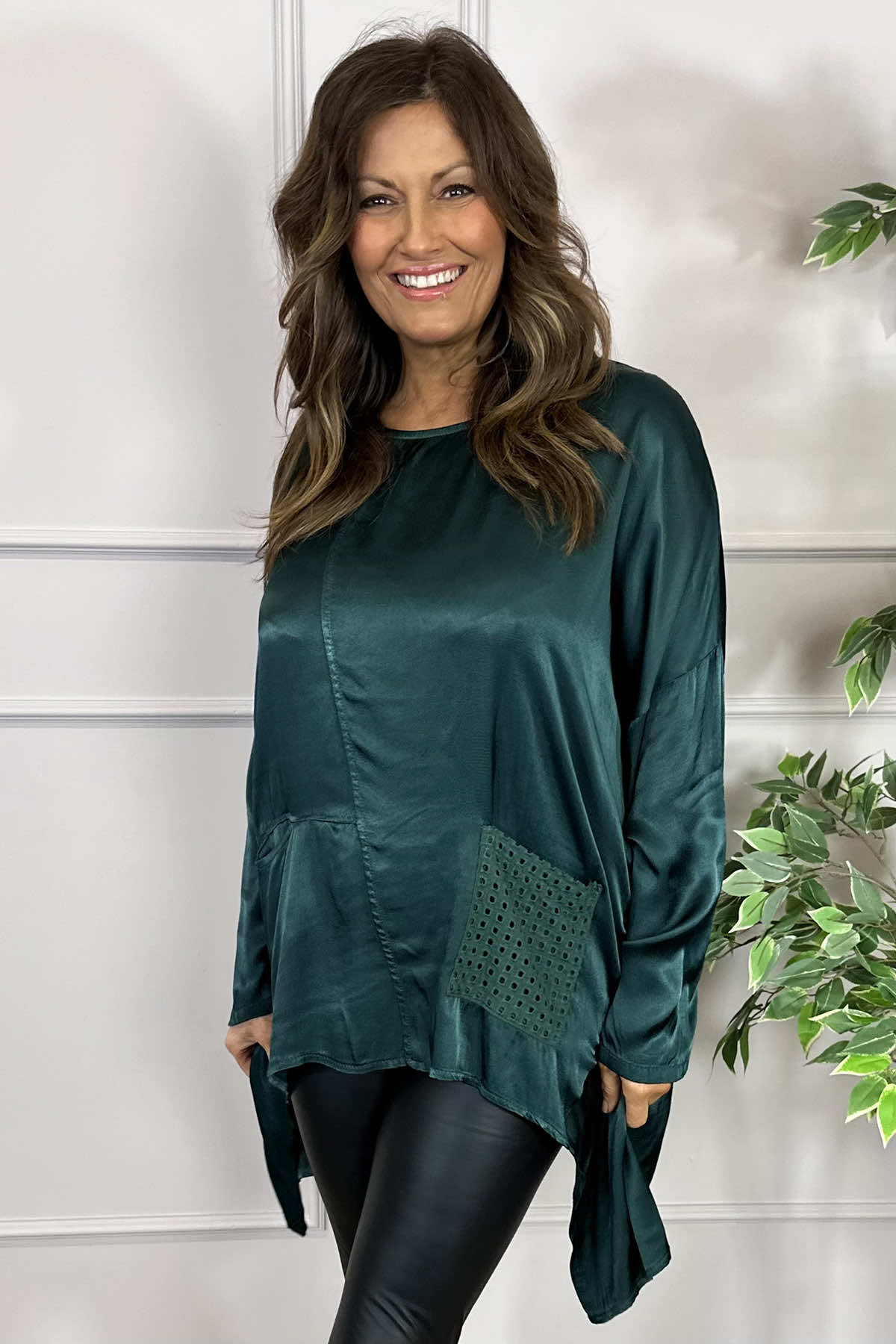 Cassidy Pocket Dip Side Satin Top Bottle Green