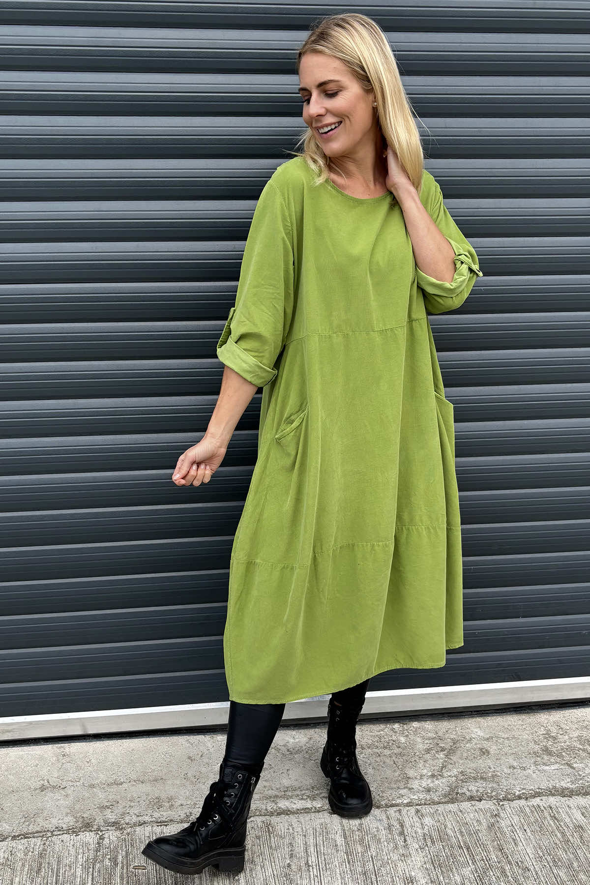 Penelope Pocket Needlecord Dress Lime