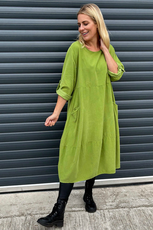 Penelope Pocket Needlecord Dress Lime - Image 3