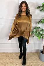 Cassidy Pocket Dip Side Satin Top Camel Camel - Cassidy Pocket Dip Side Satin Top Camel