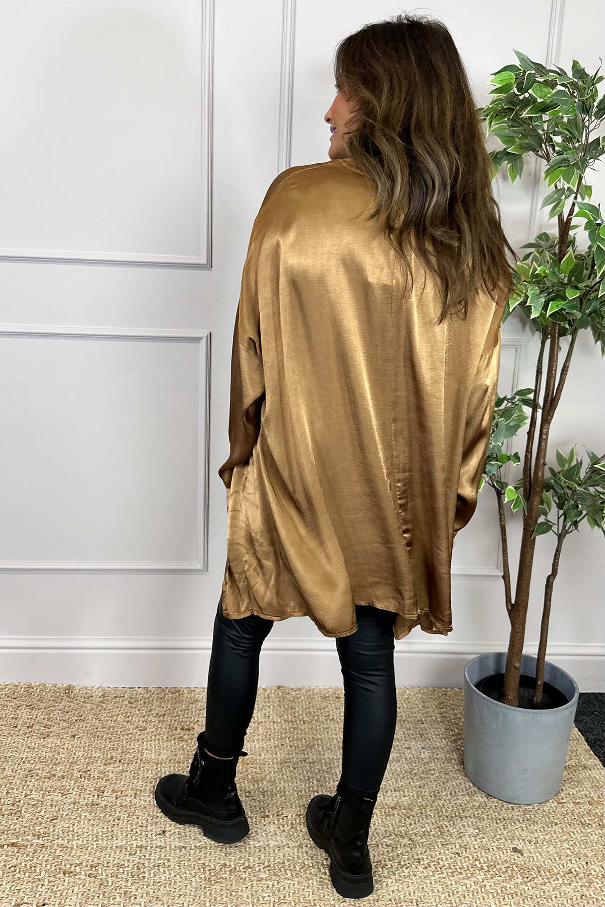 Cassidy Pocket Dip Side Satin Top Camel