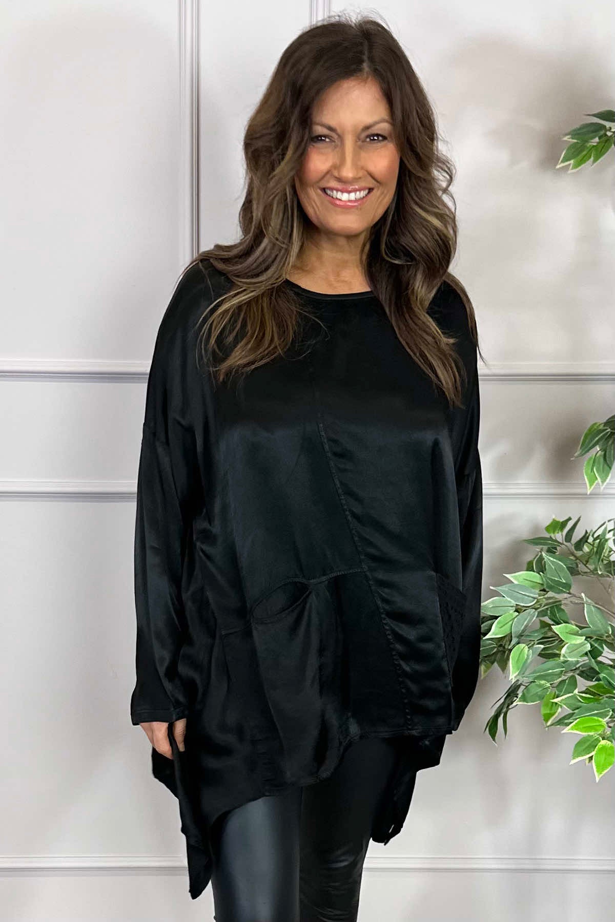 Cassidy Pocket Dip Side Satin Top Black