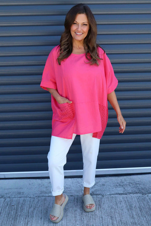 Cressida Crochet Detail Linen Top Fuchsia - Image 2
