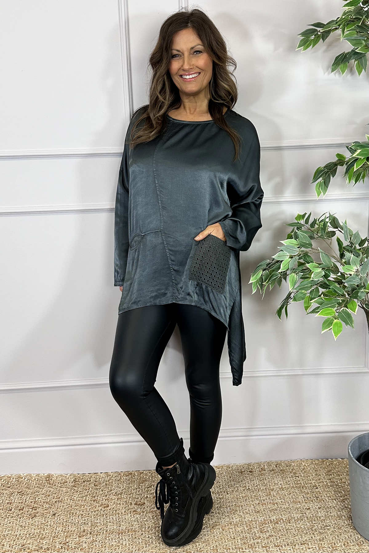 Cassidy Pocket Dip Side Satin Top Charcoal