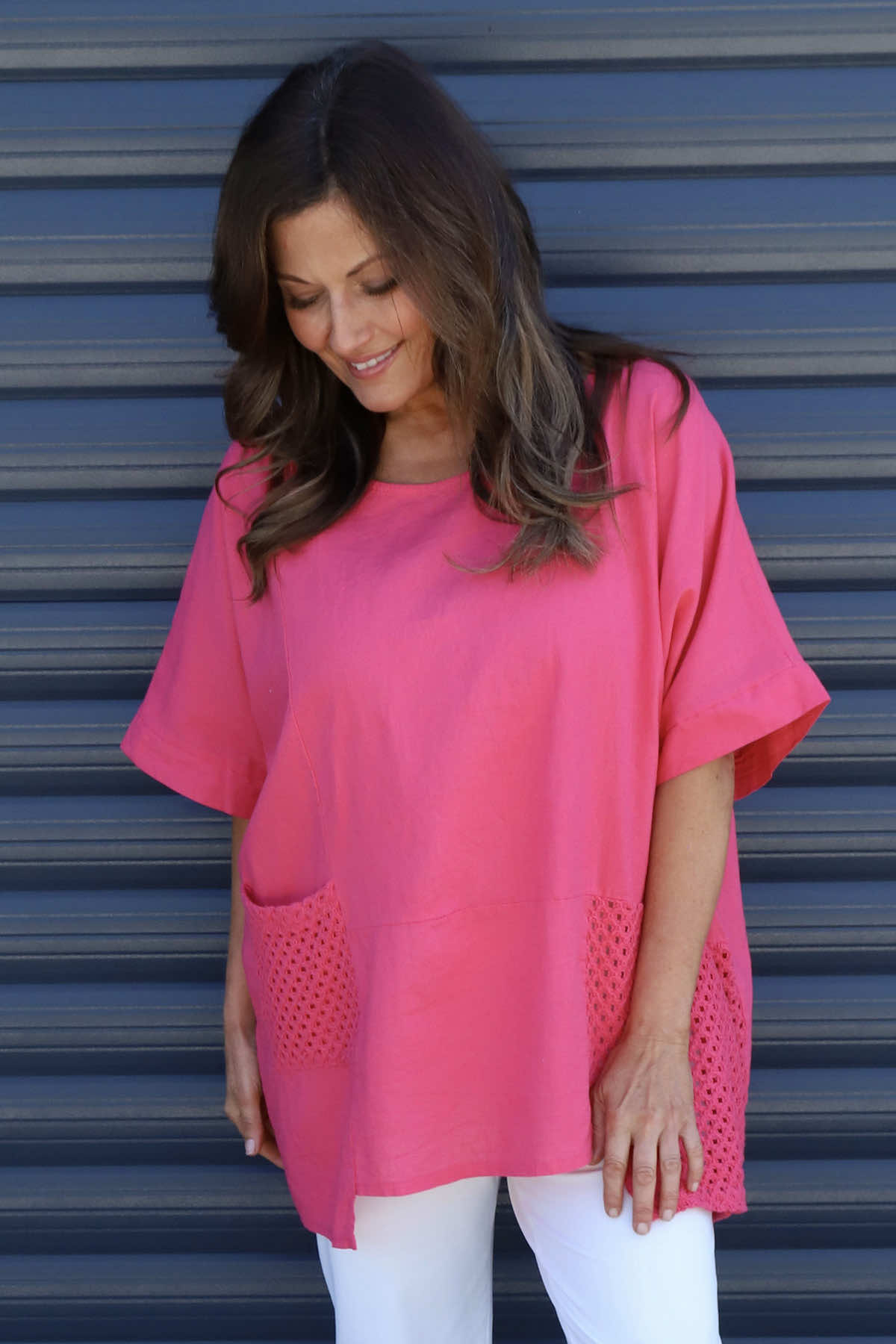 Cressida Crochet Detail Linen Top Fuchsia