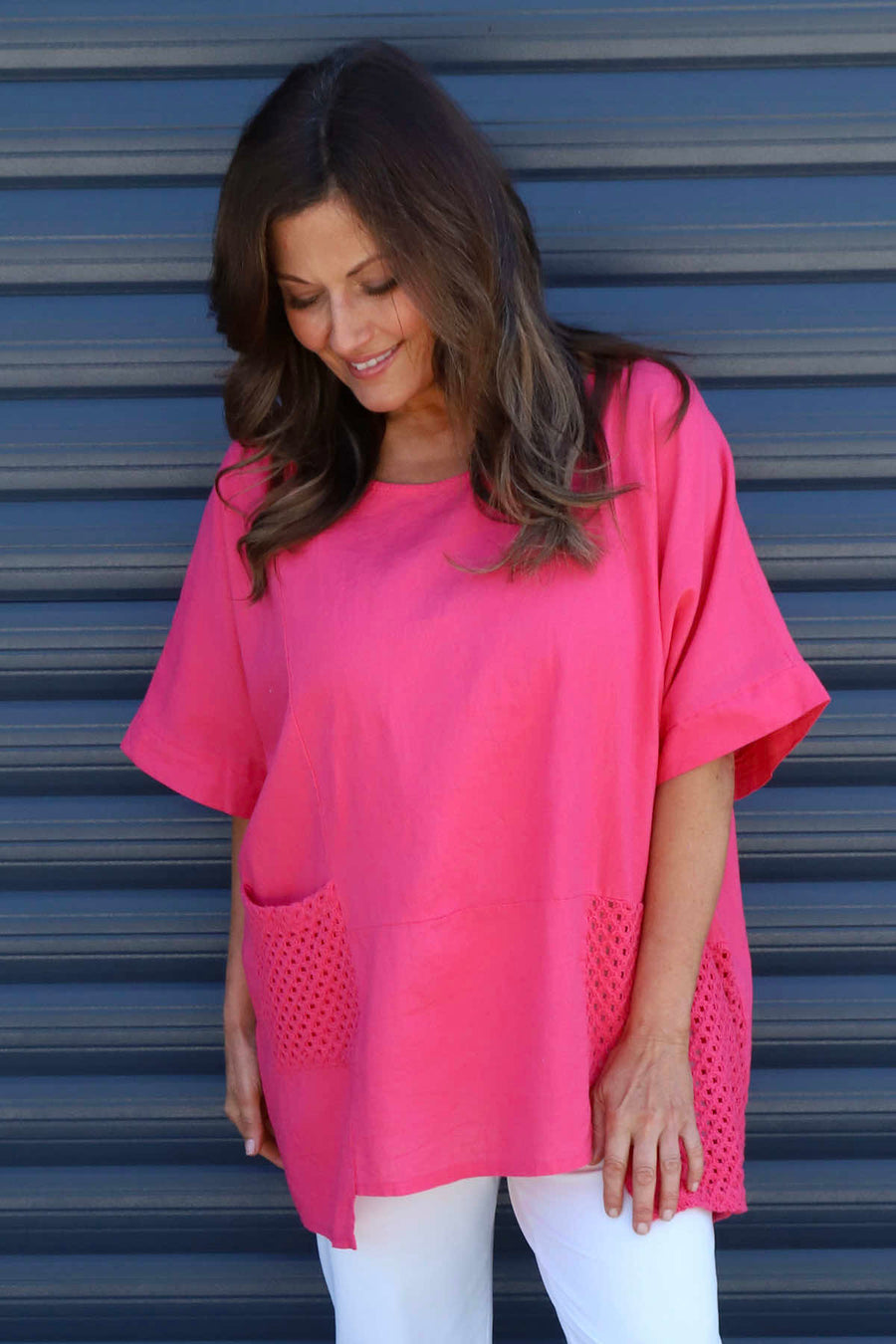 Cressida Crochet Detail Linen Top Fuchsia