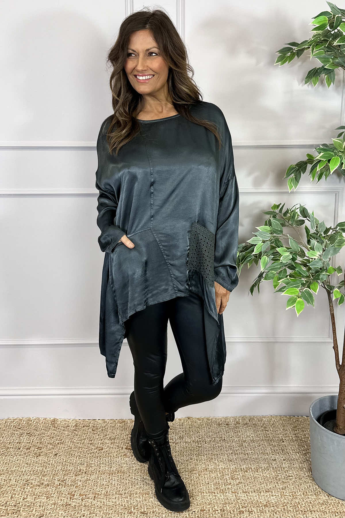 Cassidy Pocket Dip Side Satin Top Charcoal