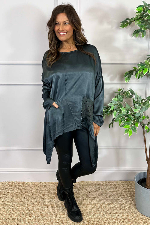 Cassidy Pocket Dip Side Satin Top Charcoal - Image 3