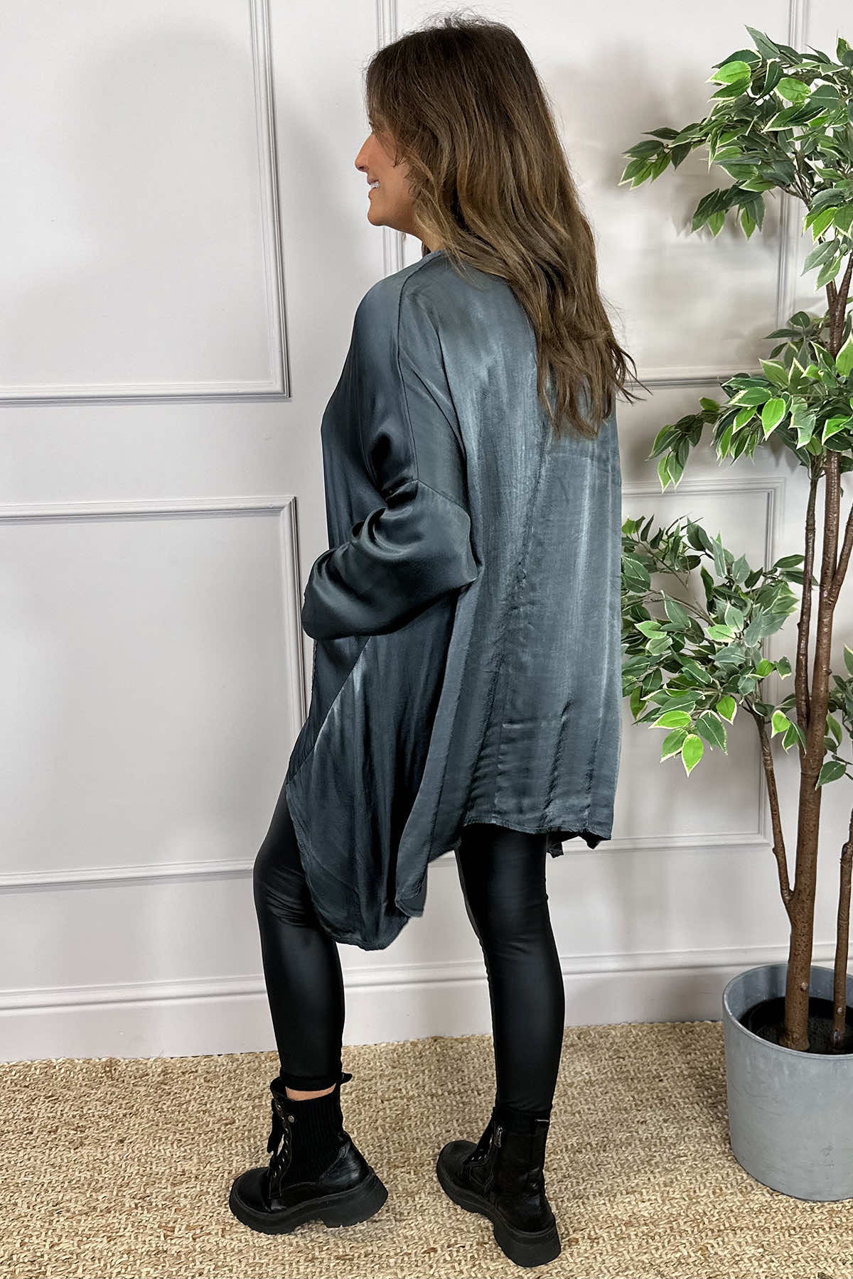 Cassidy Pocket Dip Side Satin Top Charcoal