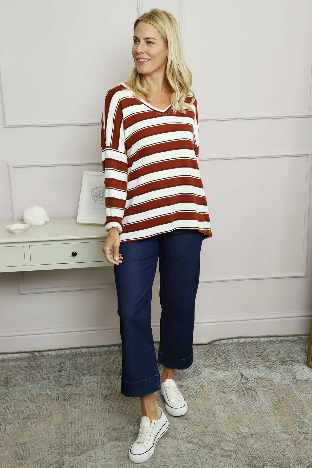 Kirsty Stripe V-Neck Knit Top Burnt Orange