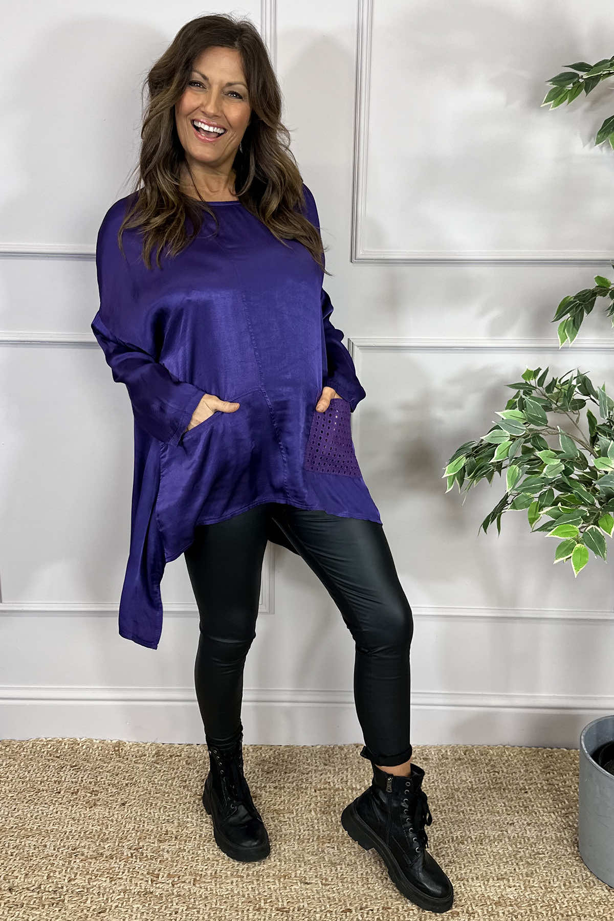 Cassidy Pocket Dip Side Satin Top Purple