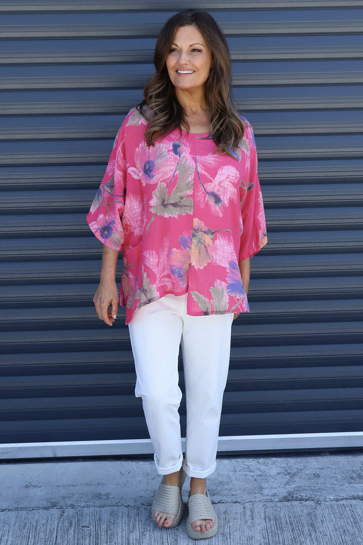 Isolde Botanical Print Linen Top Fuchsia