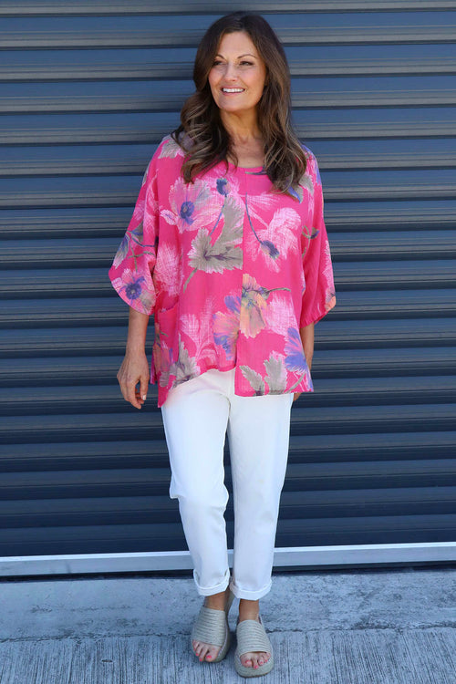 Isolde Botanical Print Linen Top Fuchsia - Image 2